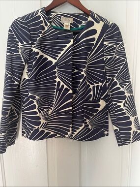 J Crew Fan print jacket in blue and white print